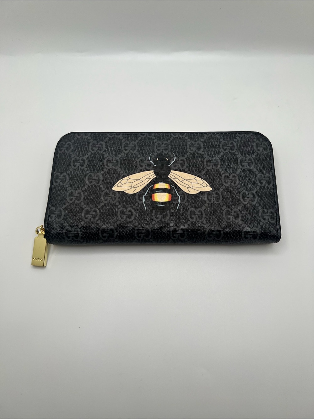 Black Bee Zip Wallet with Gold Hardware